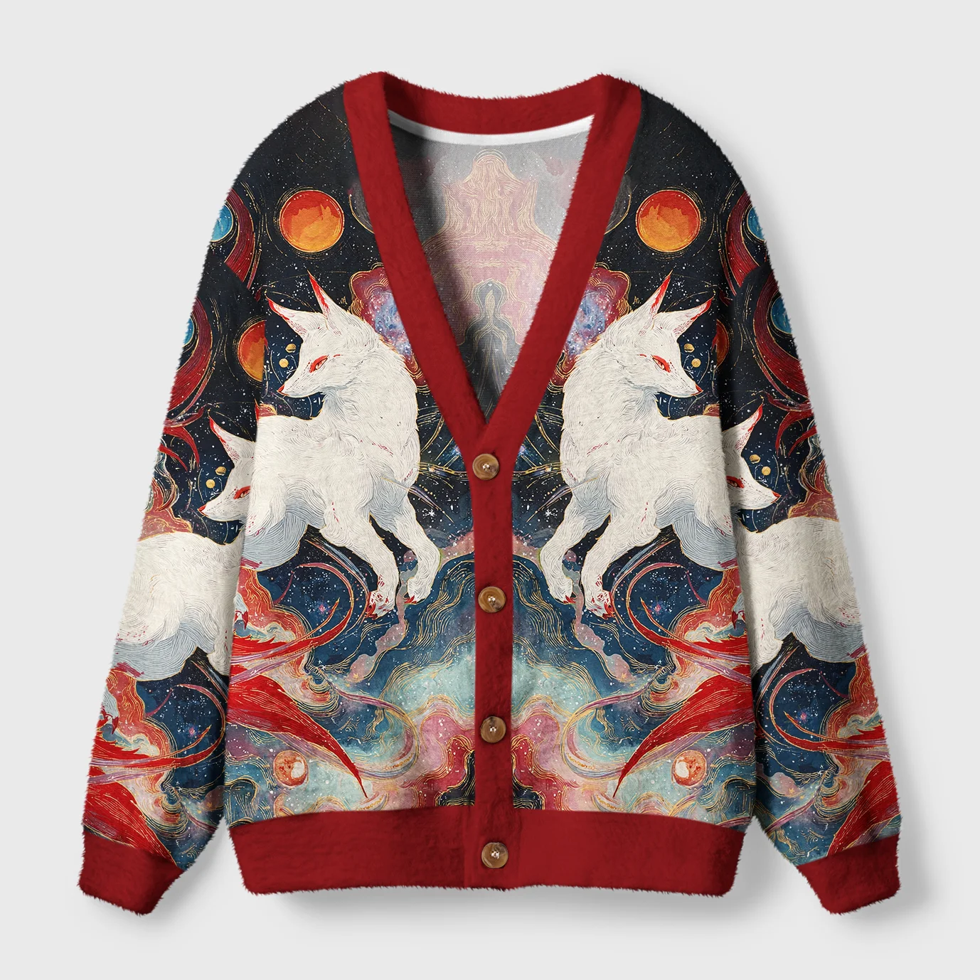 Fox of the Rising Sun Cardigan Sweater Front view of the fox of the rising sun cardigan sweater featuring vibrant Japanese fox design and red accents.