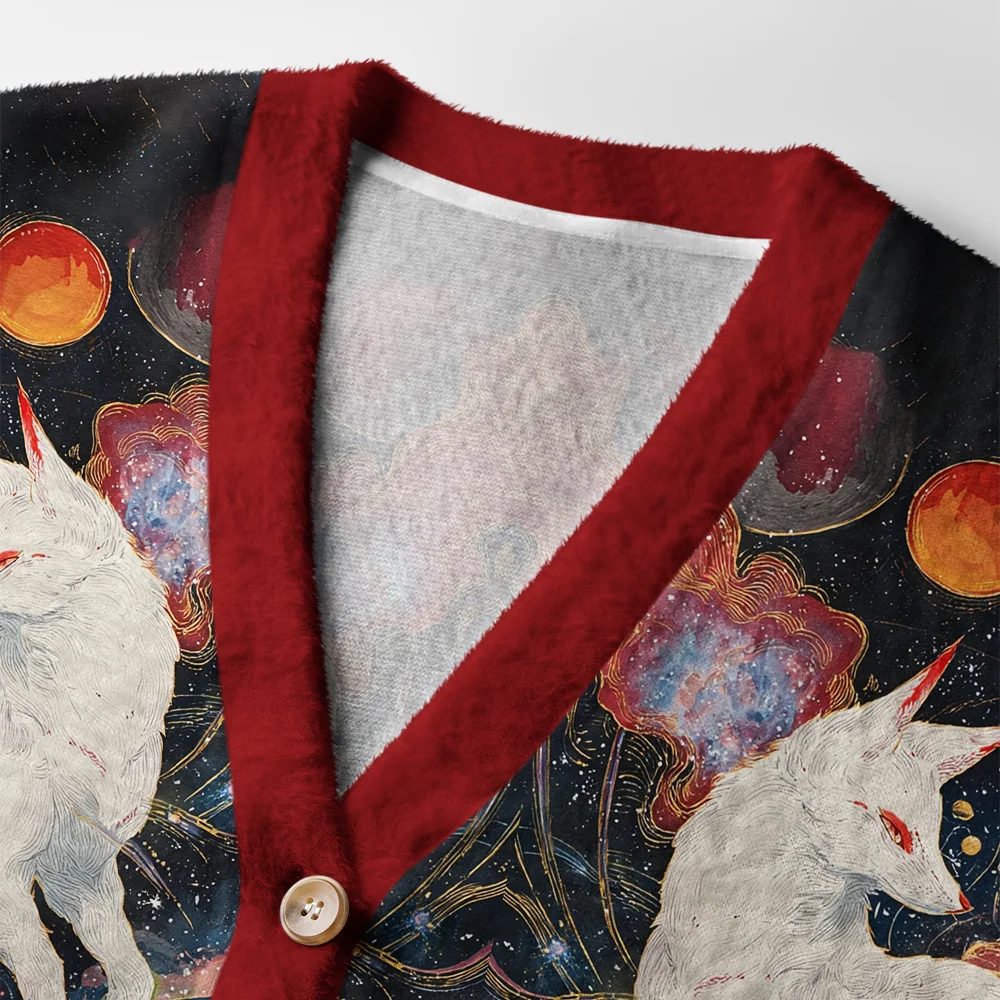 Fox of the Rising Sun Cardigan Sweater Close-up detail of the fox of the rising sun cardigan sweater highlighting the unique design and quality buttons.