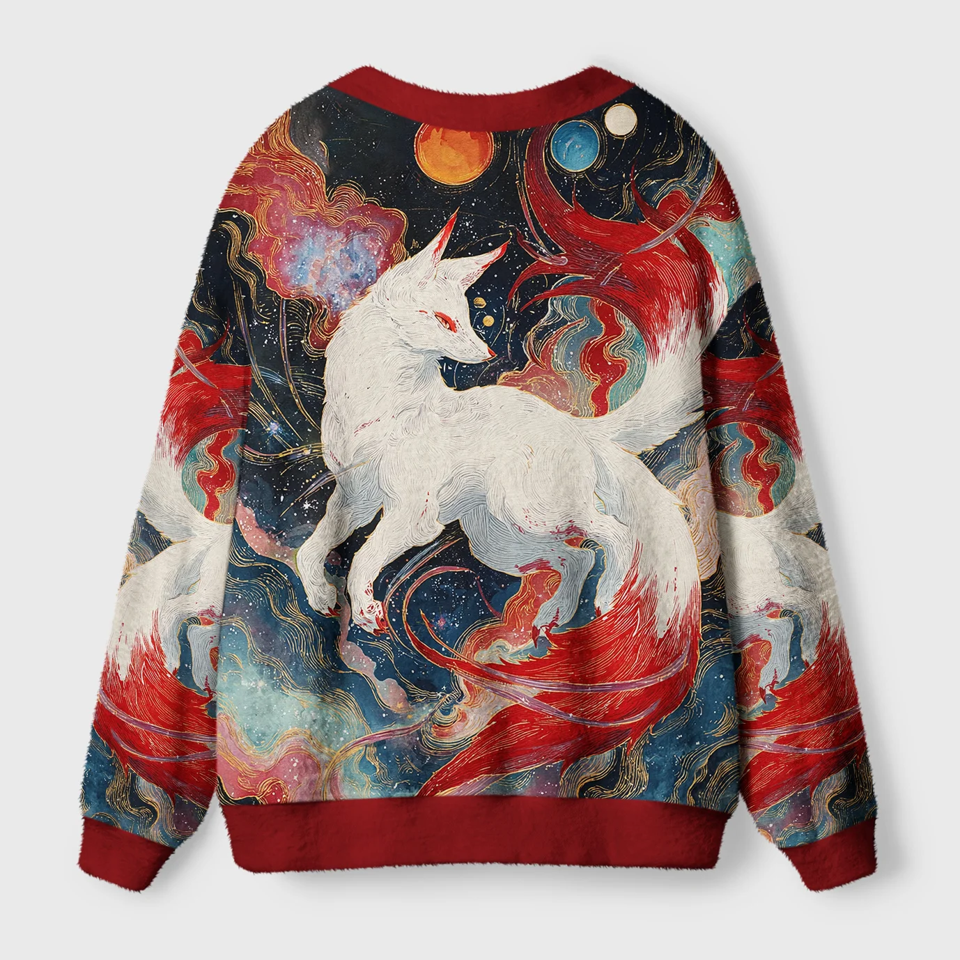 Fox of the Rising Sun Cardigan Sweater Back view of the fox of the rising sun cardigan sweater showcasing intricate artwork and soft fabric texture.