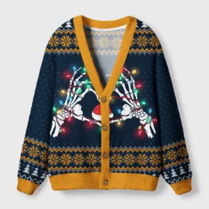 Front view of dark holiday humor cardigan sweater featuring skeletons with lights on a navy background