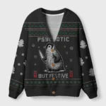 Front view of the psychotic but festive cardigan sweater in black with a quirky penguin design and festive patterns.