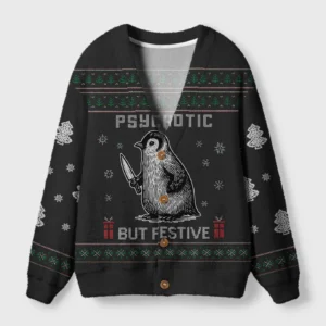 Front view of the psychotic but festive cardigan sweater in black with a quirky penguin design and festive patterns.