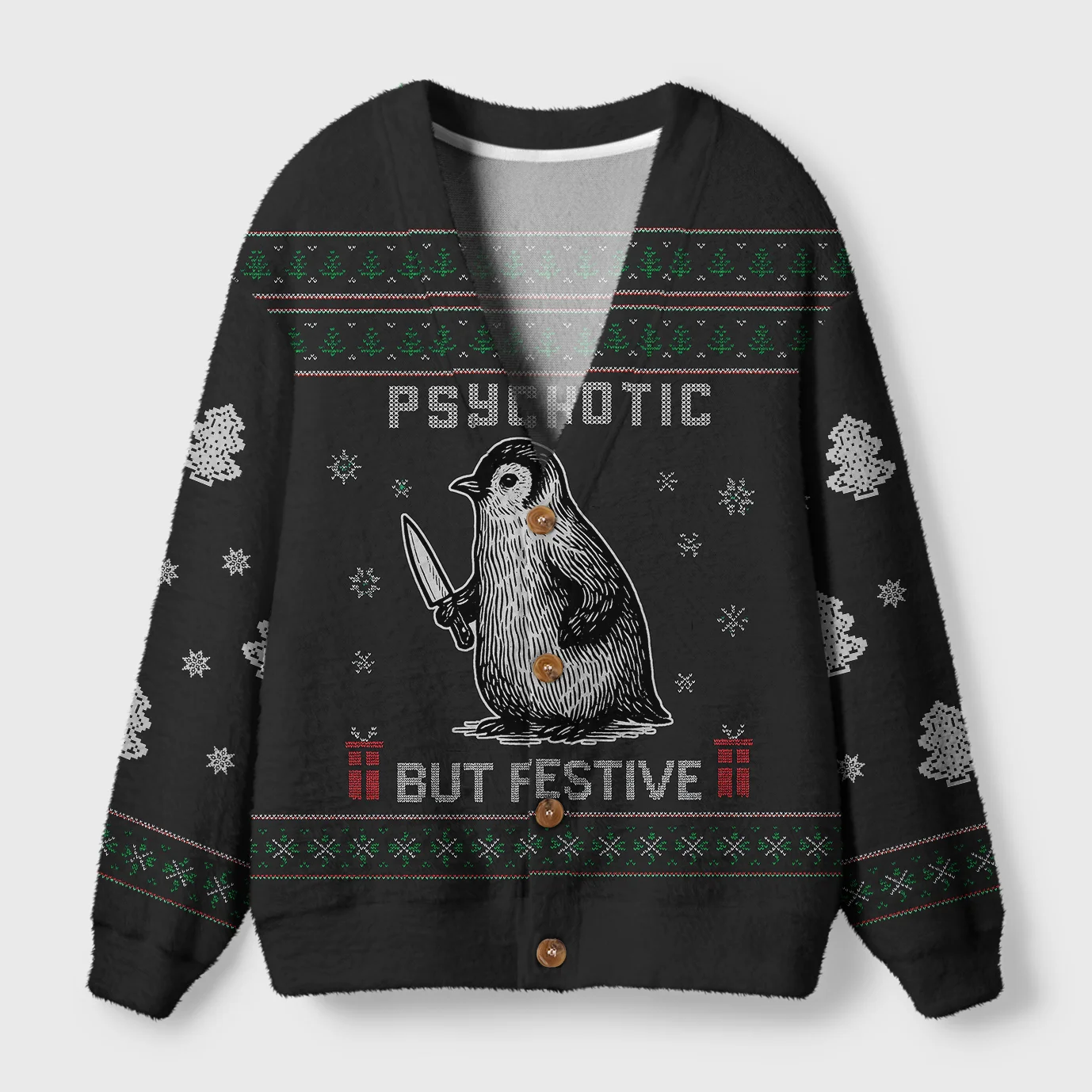 Psychotic But Festive Cardigan Sweater Front view of the psychotic but festive cardigan sweater in black with a quirky penguin design and festive patterns.
