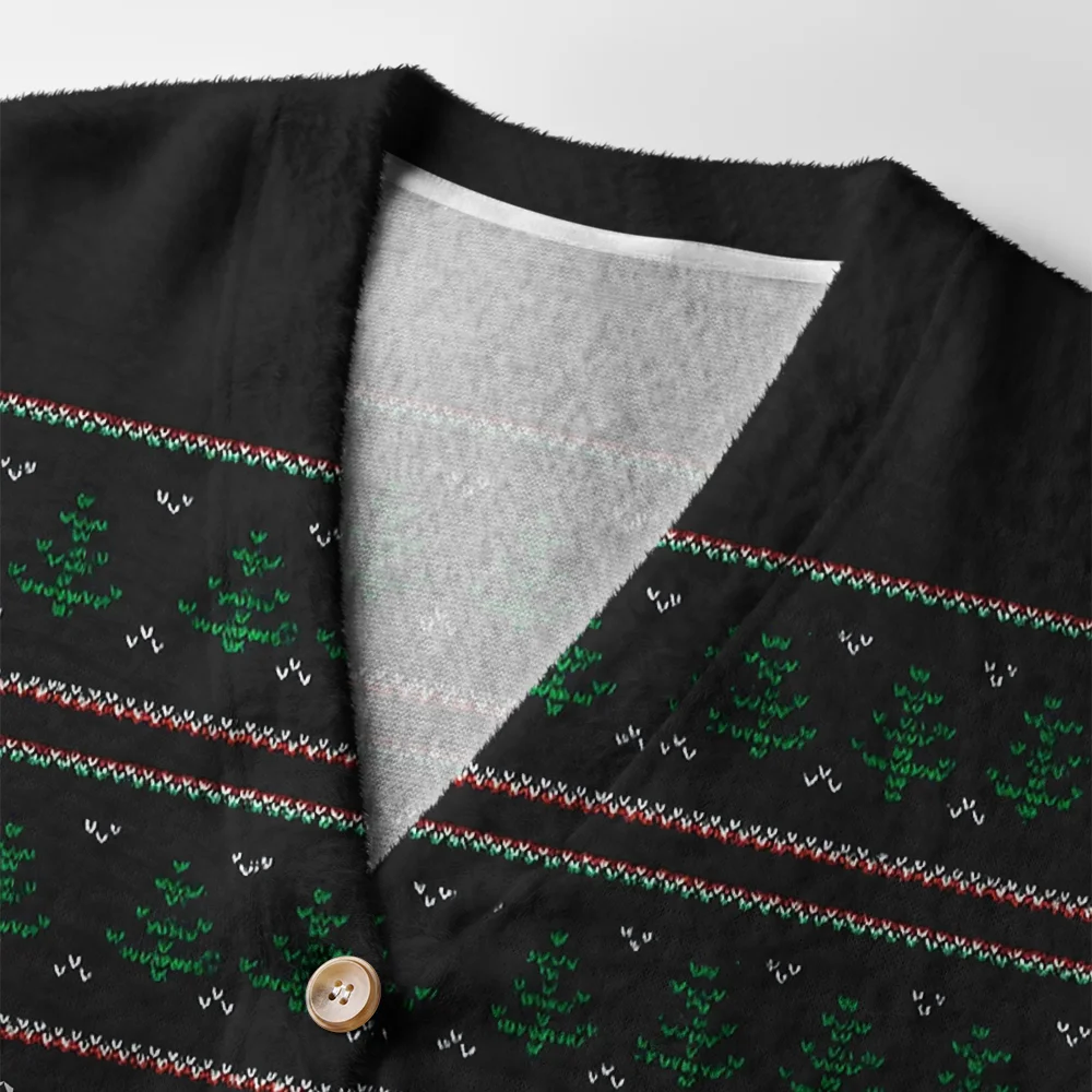 Psychotic But Festive Cardigan Sweater Close-up detail of the buttons and festive knit pattern on the psychotic but festive cardigan sweater, highlighting its uniqu