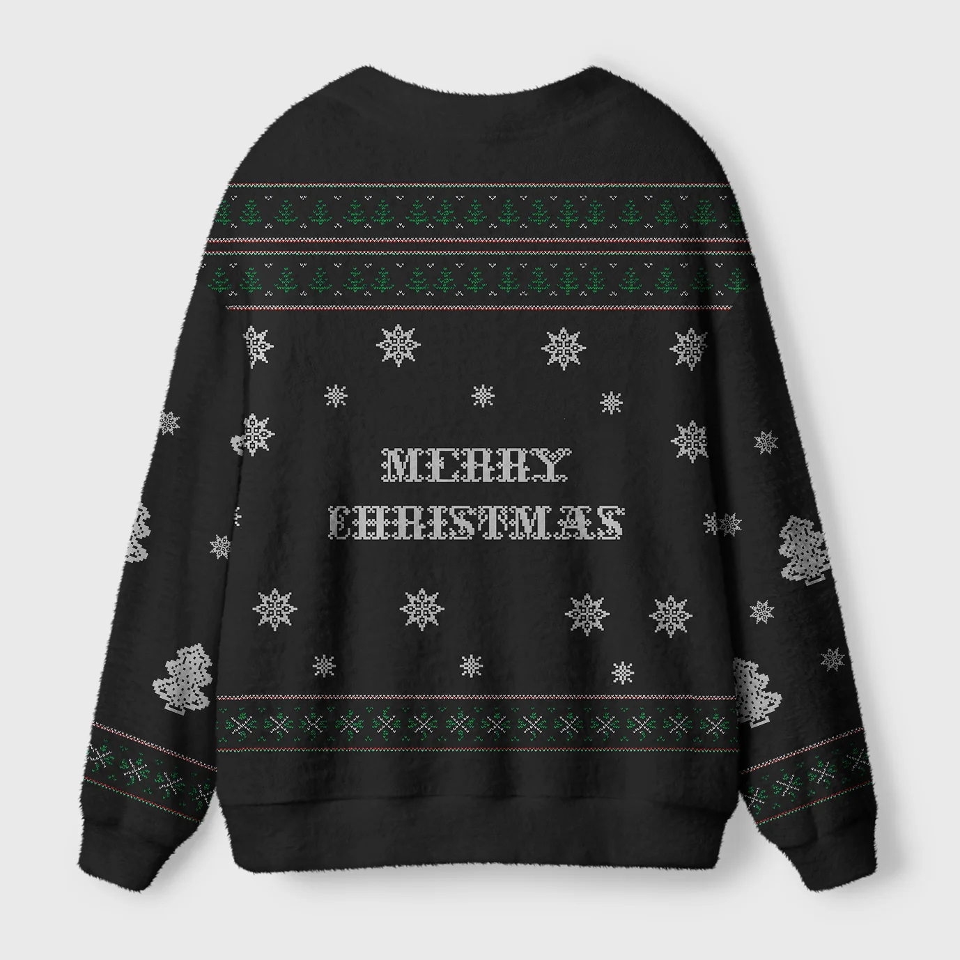Psychotic But Festive Cardigan Sweater Back view showcasing the full-length design of the psychotic but festive cardigan sweater with vibrant holiday colors.