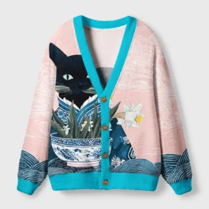 Feline Blossom Cardigan Sweater in pink with floral cat design, front view showcasing vibrant colors and buttons.
