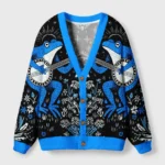 Front view of the banjo frogs cardigan sweater featuring vibrant blue frogs on a black background.