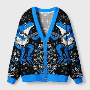 Front view of the banjo frogs cardigan sweater featuring vibrant blue frogs on a black background.