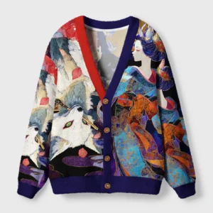 Front view of the kitsune enchanted blossoms cardigan showcasing vibrant fox and floral designs.