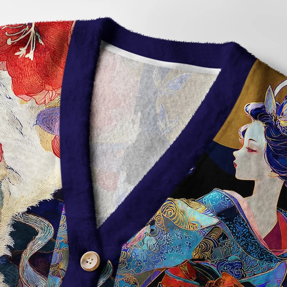 Kitsune Enchanted Blossoms Cardigan | Japanese Fox Design Close-up detail of the kitsune enchanted blossoms cardigan's unique fox design and textured fabric.