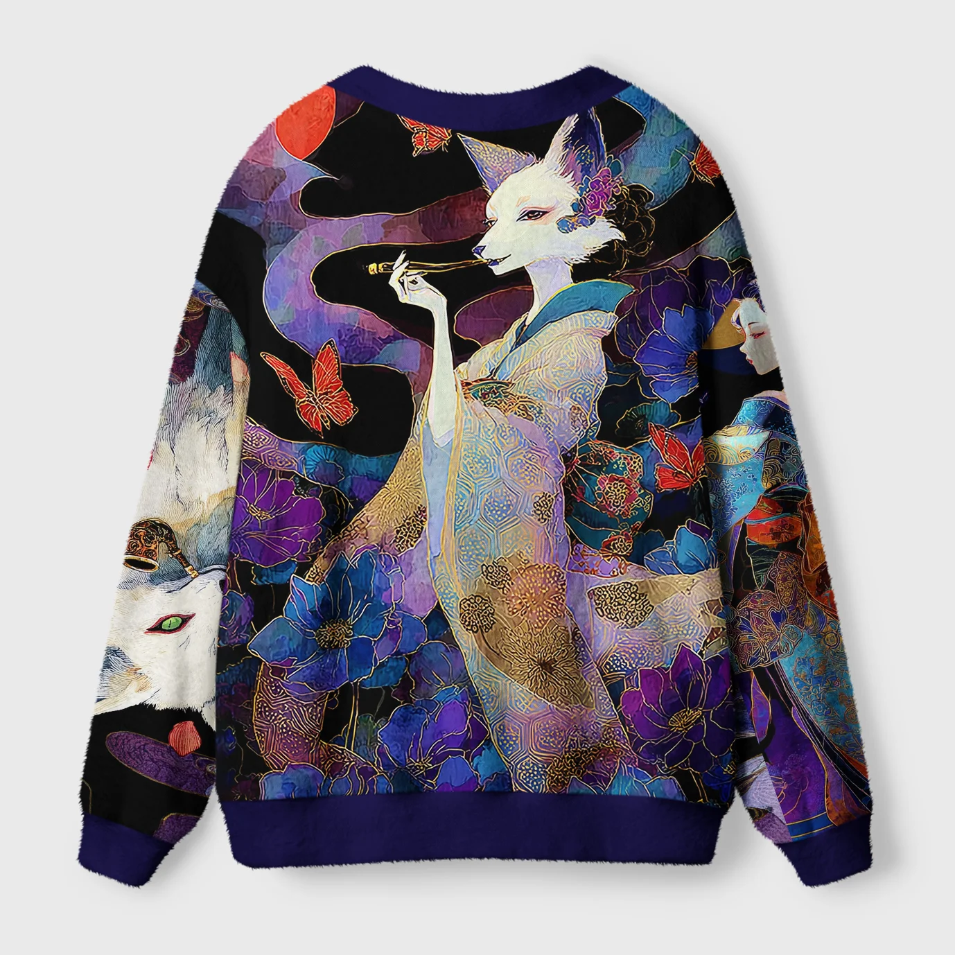 Kitsune Enchanted Blossoms Cardigan | Japanese Fox Design Back view of the kitsune enchanted blossoms cardigan highlighting intricate patterns and rich colors.