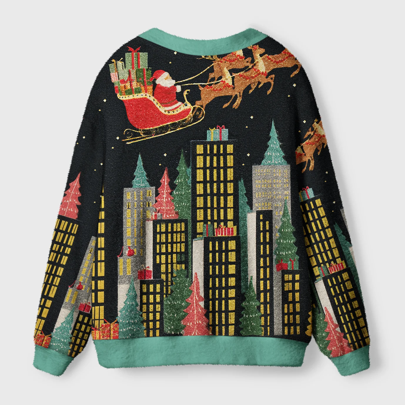 Santa Midnight Flight Cardigan Sweater Back view of the cozy Santa Midnight Flight Cardigan Sweater featuring festive cityscape and reindeer details.