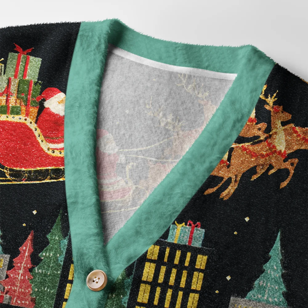 Santa Midnight Flight Cardigan Sweater Close-up detail of the Santa Midnight Flight Cardigan Sweater highlighting the intricate holiday graphics and texture.