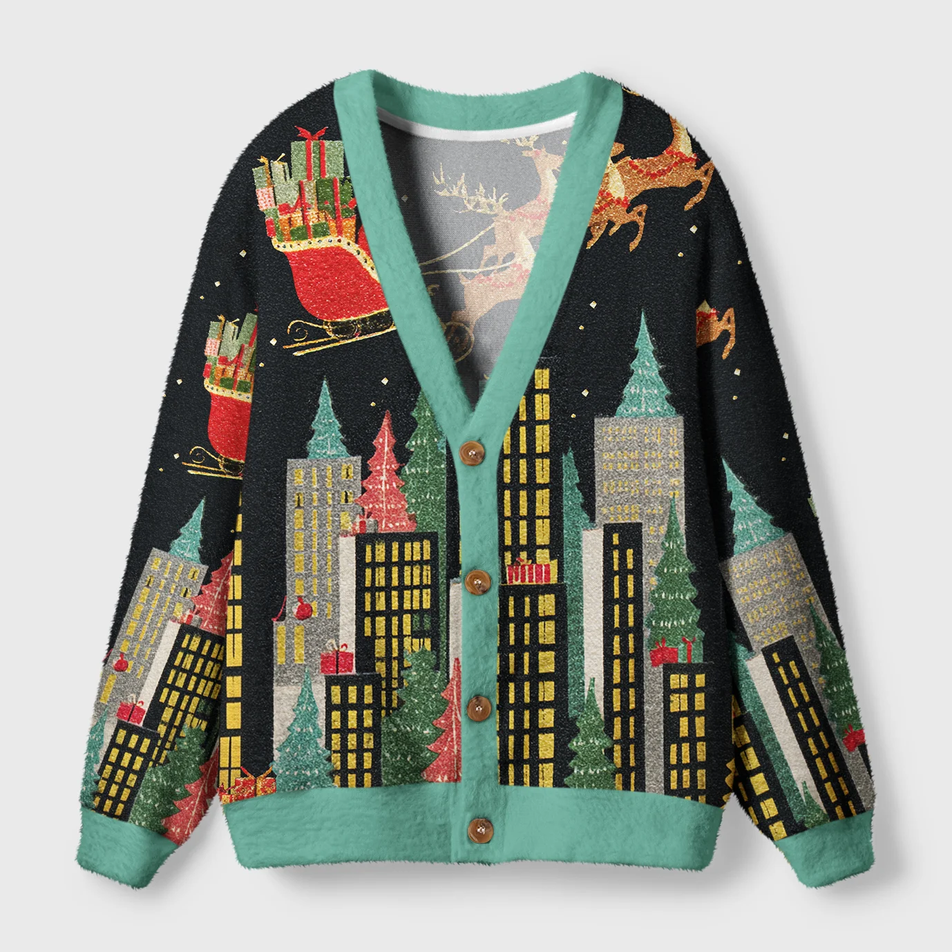 Santa Midnight Flight Cardigan Sweater Front view of the Santa Midnight Flight Cardigan Sweater showcasing vibrant Christmas design and teal trim.