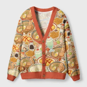 Front view of the sushi ramen design cardigan sweater, showcasing vibrant colors and intricate food illustrations.
