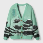 Front view of the circuit board waves cardigan sweater in mint green, featuring detailed wave patterns and buttons.
