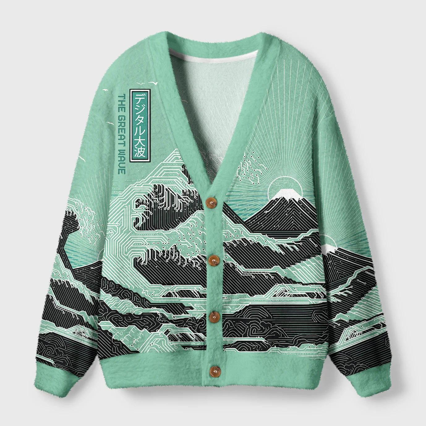 Circuit Board Waves Cardigan Sweater | Tech Pattern Design Front view of the circuit board waves cardigan sweater in mint green, featuring detailed wave patterns and buttons.