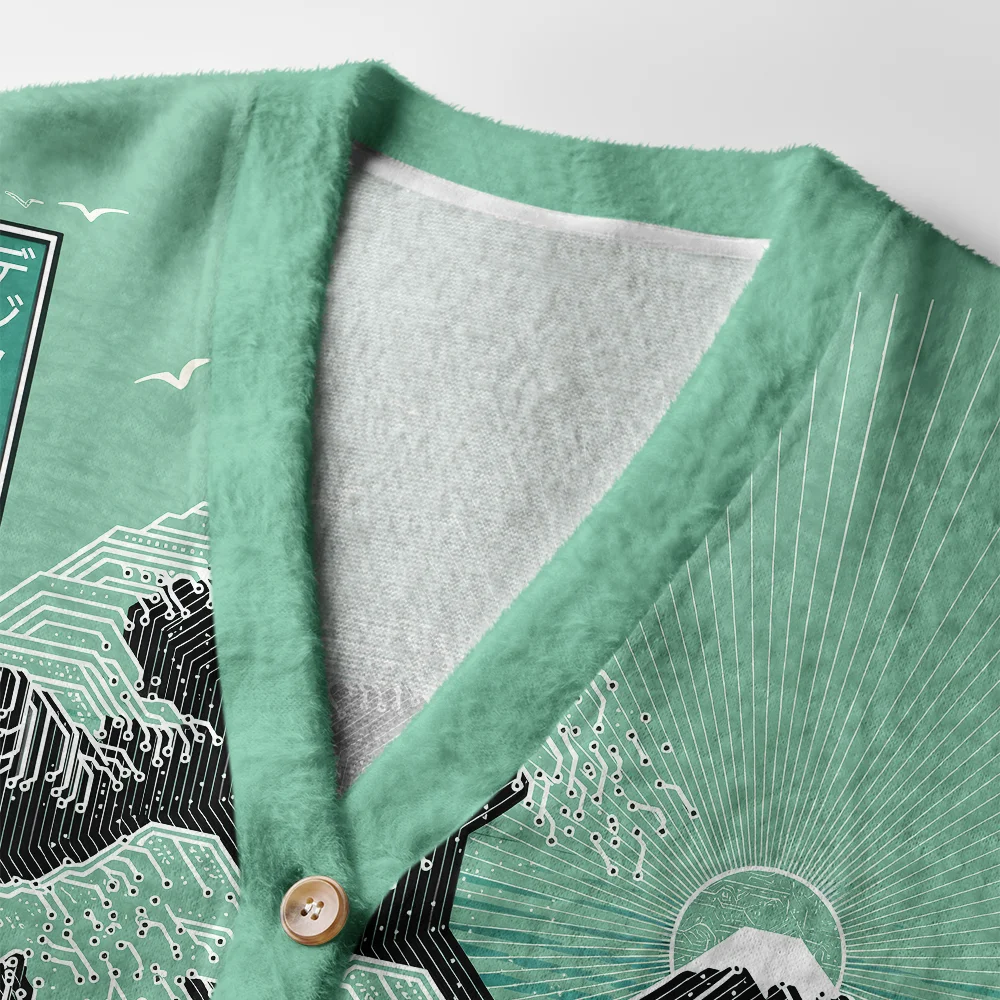 Circuit Board Waves Cardigan Sweater | Tech Pattern Design Close-up detail of the circuit board waves cardigan sweater highlighting the tech pattern and texture of the fabric.