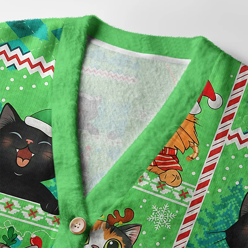 Meowy Christmas Cat Cardigan Sweater Close-up detail of the Meowy Christmas cat cardigan sweater's buttons and intricate cat illustrations.