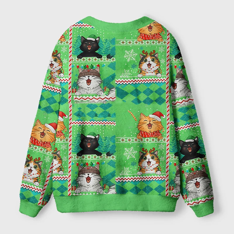 Meowy Christmas Cat Cardigan Sweater Back view of the Meowy Christmas cat cardigan sweater showcasing a playful holiday pattern and cozy fit.