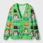Front view of the Meowy Christmas cat cardigan sweater in vibrant green with festive cat designs.