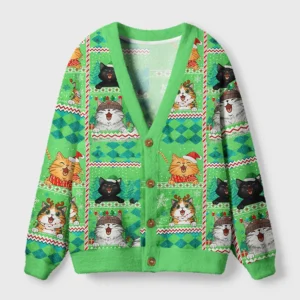 Front view of the Meowy Christmas cat cardigan sweater in vibrant green with festive cat designs.