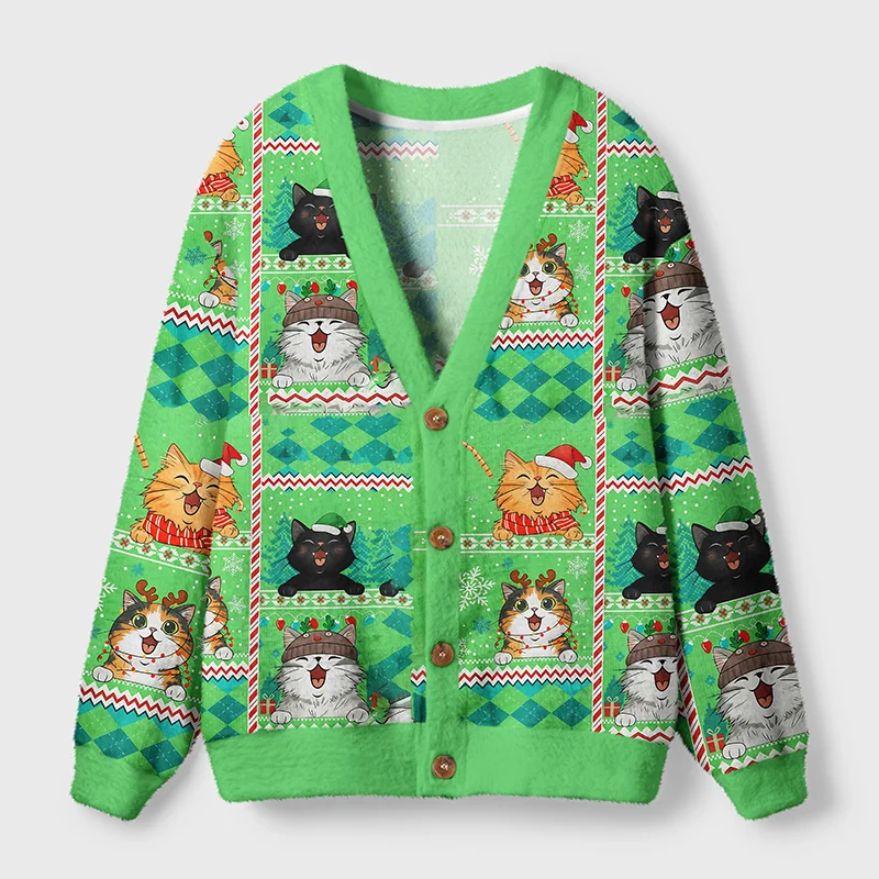 Meowy Christmas Cat Cardigan Sweater Front view of the Meowy Christmas cat cardigan sweater in vibrant green with festive cat designs.
