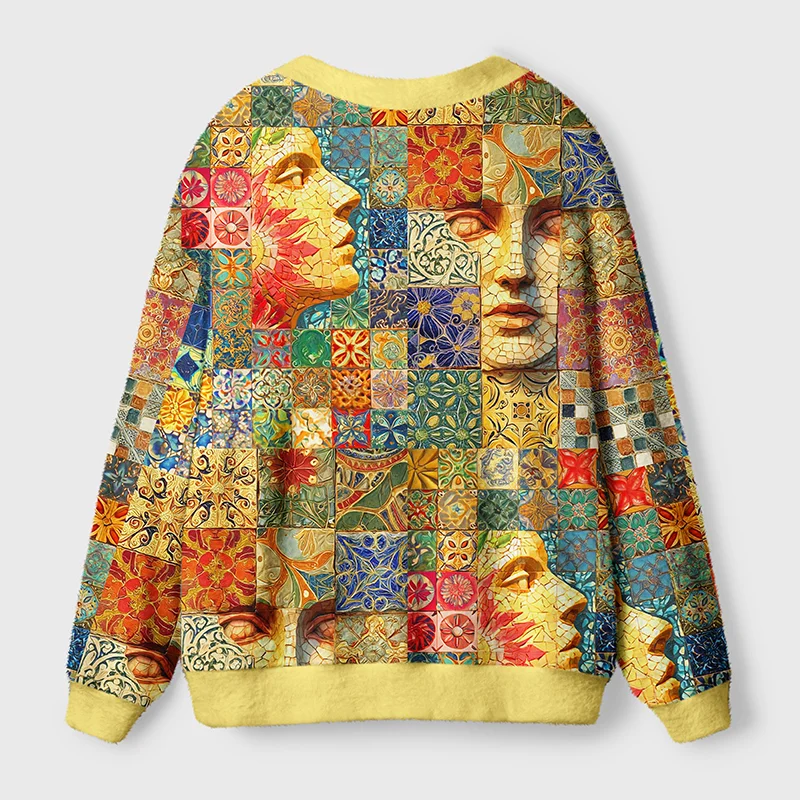 Mosaic Faces Cardigan Sweater | Abstract Art Design Back view of mosaic faces cardigan sweater displaying colorful artwork, highlighting the unique texture and style.