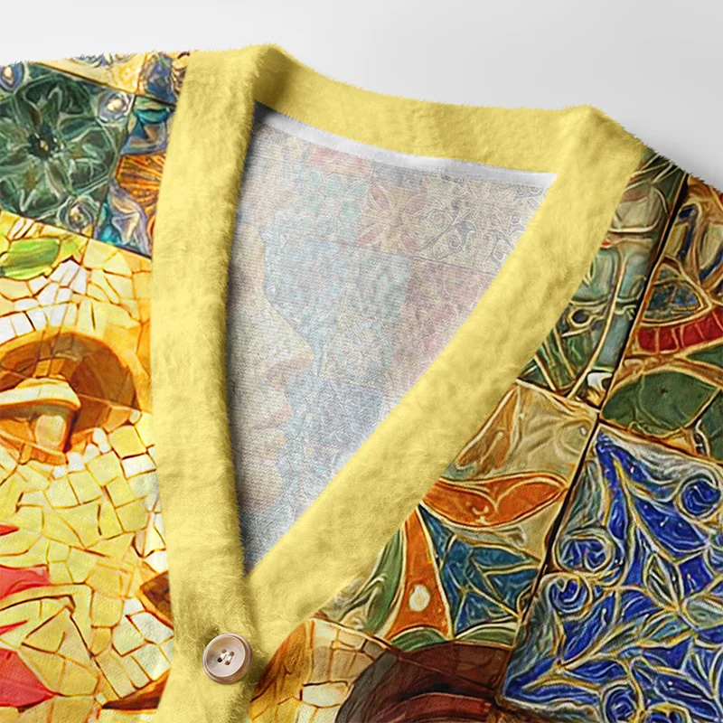 Mosaic Faces Cardigan Sweater | Abstract Art Design Close-up detail of mosaic faces cardigan sweater's abstract design, emphasizing the intricate patterns and colors.