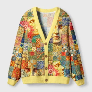 Mosaic faces cardigan sweater in yellow with vibrant abstract art design, front view showcasing intricate patterns.