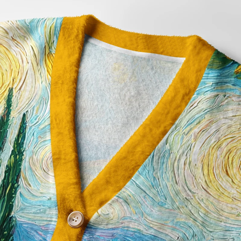 Van Gogh Sunflower Dreams Cardigan | Floral Art Design Close-up detail of the Van Gogh Sunflower Dreams Cardigan highlighting the intricate floral patterns and soft texture.