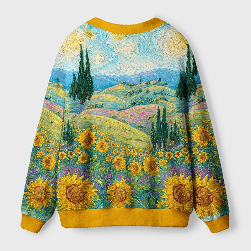 Van Gogh Sunflower Dreams Cardigan | Floral Art Design Back view of the Van Gogh Sunflower Dreams Cardigan showcasing the stunning sunflower design against a scenic backdrop.