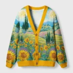 Front view of the Van Gogh Sunflower Dreams Cardigan featuring vibrant floral art and a cozy yellow trim.