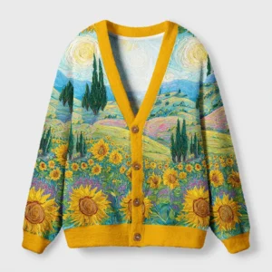Front view of the Van Gogh Sunflower Dreams Cardigan featuring vibrant floral art and a cozy yellow trim.