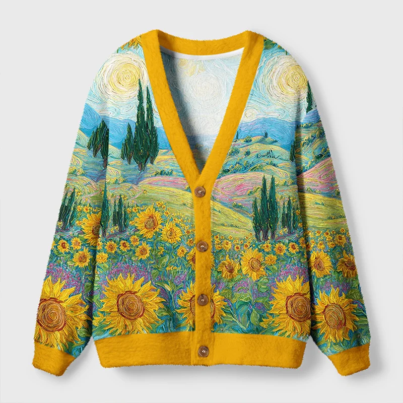 Van Gogh Sunflower Dreams Cardigan | Floral Art Design Front view of the Van Gogh Sunflower Dreams Cardigan featuring vibrant floral art and a cozy yellow trim.