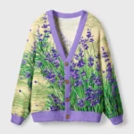 Front view of the lavender meadow cardigan sweater showcasing vibrant floral design and purple accents.
