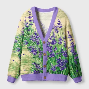 Front view of the lavender meadow cardigan sweater showcasing vibrant floral design and purple accents.