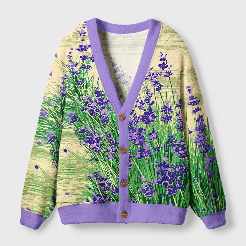 Lavender Meadow Cardigan Sweater Front view of the lavender meadow cardigan sweater showcasing vibrant floral design and purple accents.