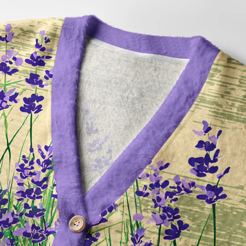 Lavender Meadow Cardigan Sweater Close-up detail of the lavender meadow cardigan sweater's floral nature design, featuring intricate lavender illustrations.