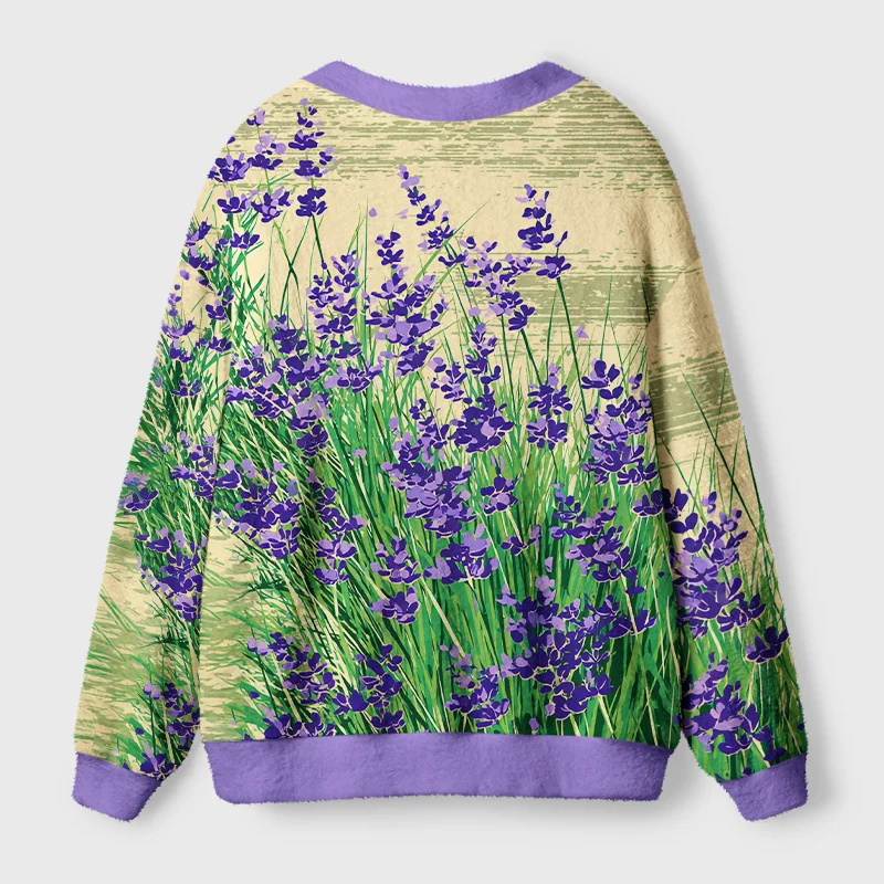 Lavender Meadow Cardigan Sweater Back view of the lavender meadow cardigan sweater highlighting the soft fabric and colorful lavender pattern.