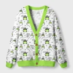 Front view of the dishonest frog cardigan sweater featuring a playful frog design in white and green.
