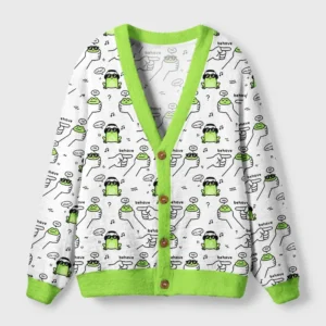 Front view of the dishonest frog cardigan sweater featuring a playful frog design in white and green.