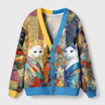 Front view of the regal cats cardigan sweater featuring vibrant vintage royal cat design and blue accents.