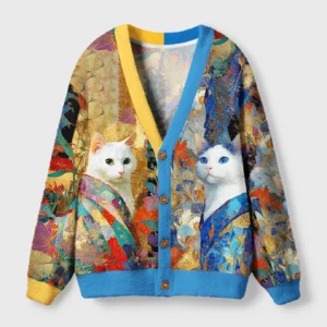 Front view of the regal cats cardigan sweater featuring vibrant vintage royal cat design and blue accents.
