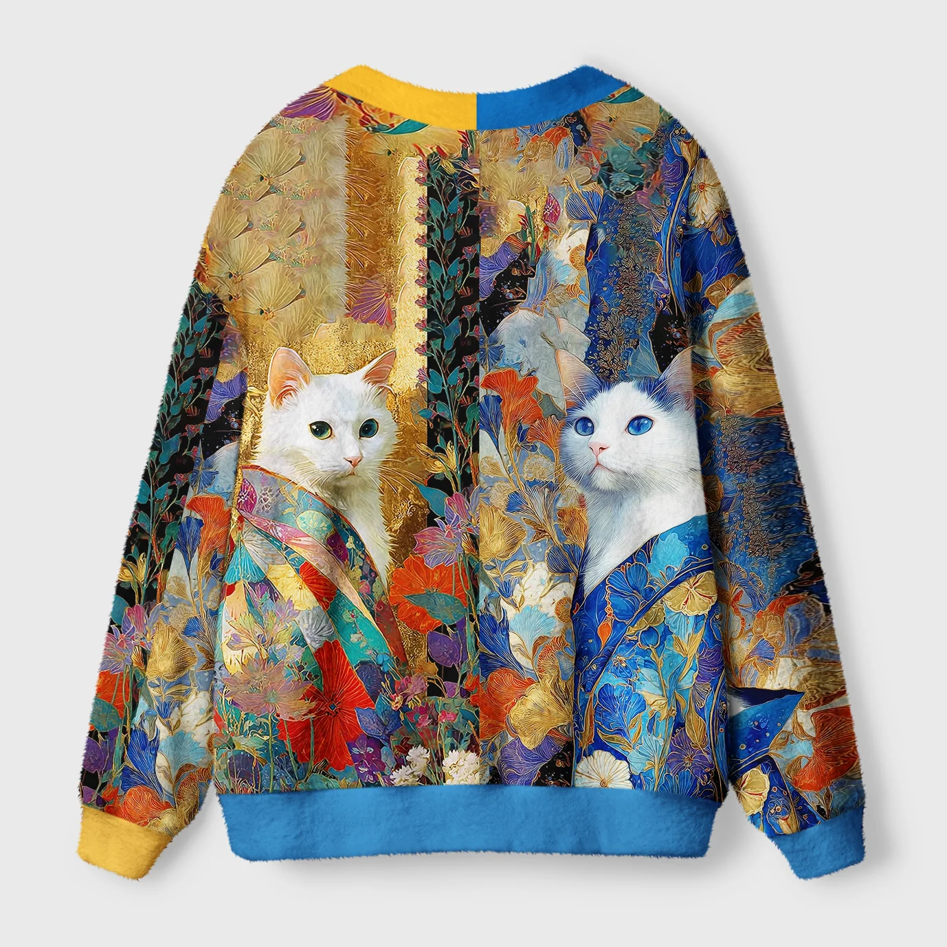 Regal Cats Cardigan Sweater | Vintage Royal Cat Design Back view of the regal cats cardigan sweater showcasing a colorful vintage cat pattern with soft textures.