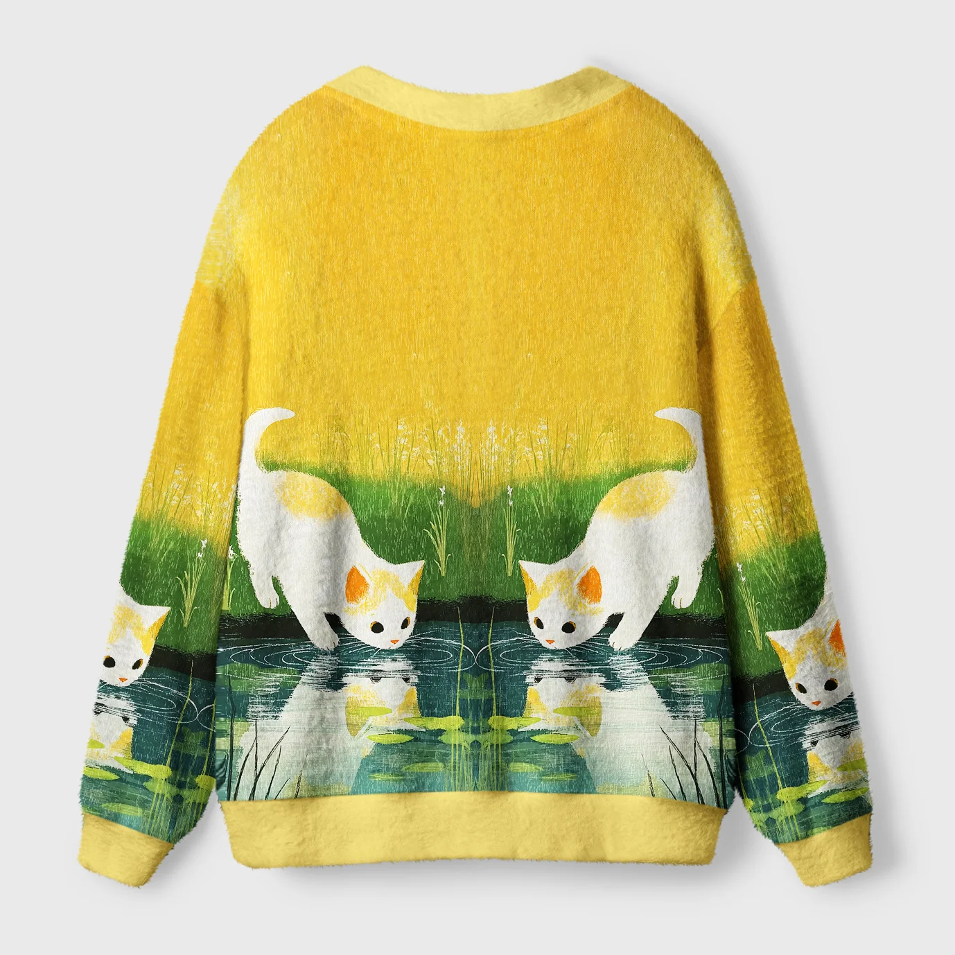 Curious Cats Cardigan Sweater | Sunny Cat Design Back view of the curious cats cardigan sweater showcases vibrant colors and unique artwork, perfect for casual outings.