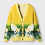 Curious cats cardigan sweater in sunny yellow, featuring playful cat designs on the front, button closure for a cozy fit.