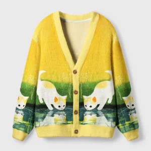 Curious cats cardigan sweater in sunny yellow, featuring playful cat designs on the front, button closure for a cozy fit.