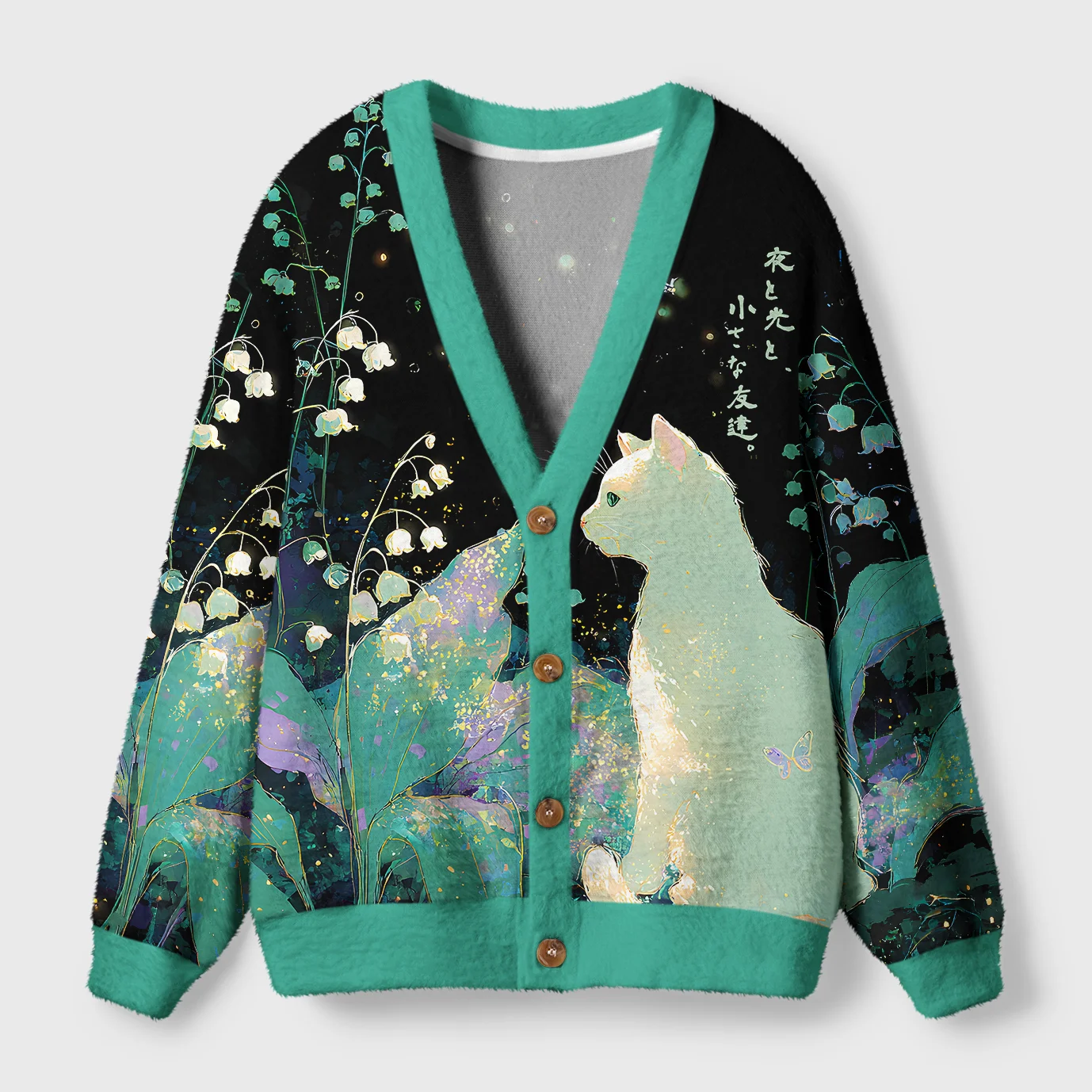 Whimsical Night Light Little Friend Cardigan Sweater Front view of the whimsical night light little friend cardigan, featuring a cat and vibrant floral designs.