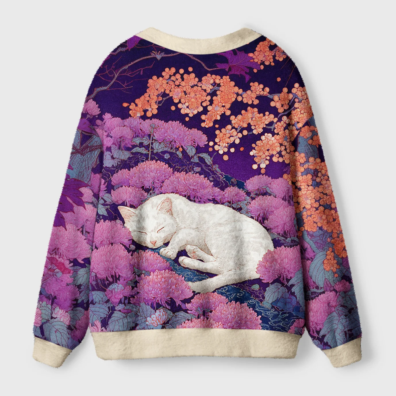 Blooming Sea Cardigan Sweater | Floral Ocean Design Back view of the blooming sea cardigan sweater showcasing the intricate floral pattern and cozy fit.